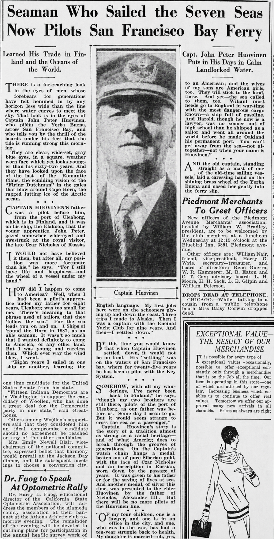 Oakland Tribune newspaper clipping connected to the Huovinen family story